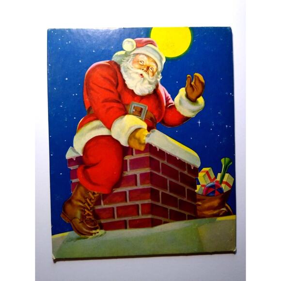Vintage Santa Claus Moon Lit Chimney Cardboard Art Print Thick Christmas Gift - Picture 2 of 3